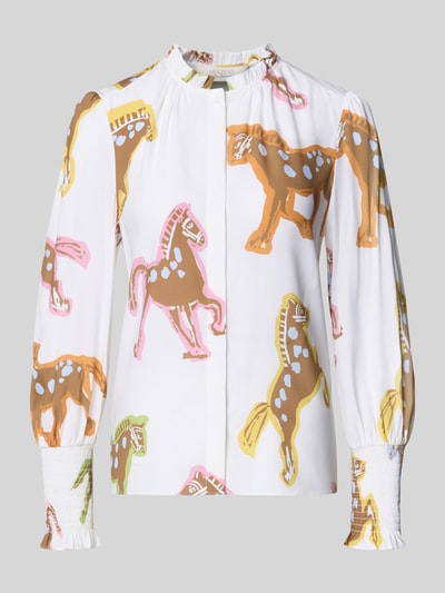 Produktfoto, Bluse mit Rüschen und Smok-Details von HERZENS, Weiß mit buntem Pferdemuster, gerader Schnitt, Rundhalsausschnitt, Smok-Ärmel