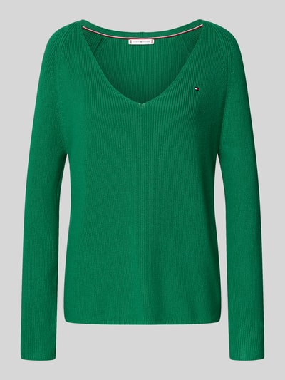 Produktfoto, Regular Fit Strickpullover aus reiner Baumwolle von Tommy Hilfiger, zielony, rippstrick, długi rękaw, V-dekolt, logo, unifarb
