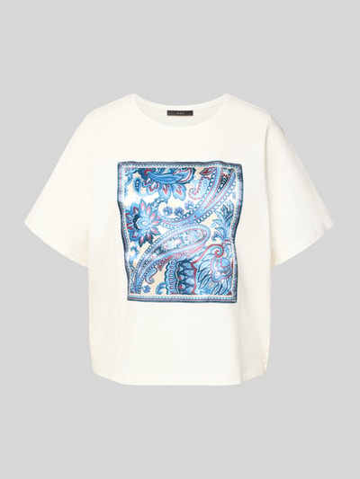 Produktfoto, T-Shirt mit Rundhalsausschnitt von Oui, biała bawełna, krój boxy fit, kolorowy motyw na przodzie, długość tyłu w rozmiarze 36: 55 cm