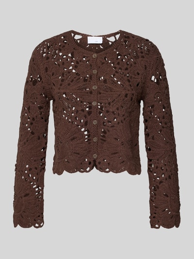 Produktfoto, Cardigan aus Häkelspitze mit Rundhalsausschnitt von Jake*s Collection in Braun, reine Baumwolle, gerader Schnitt, florale Struktur.