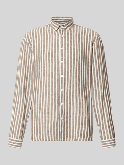 Produktfoto, Relaxed Fit Freizeithemd mit Button-Down-Kragen von Lindbergh aus Leinen-Baumwoll-Mix, beige-weiß gestreift, Knopfleiste, Sportmanschetten, für Herren