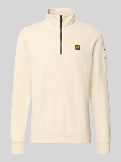 Produktfoto, Regular Fit Sweatshirt Baumwoll-Mix mit Troyer-Kragen von PME Legend in Creme, Logo-Patch, Armtasche, elastische Bündchen, langärmliges Design, strukturierte Oberfläche