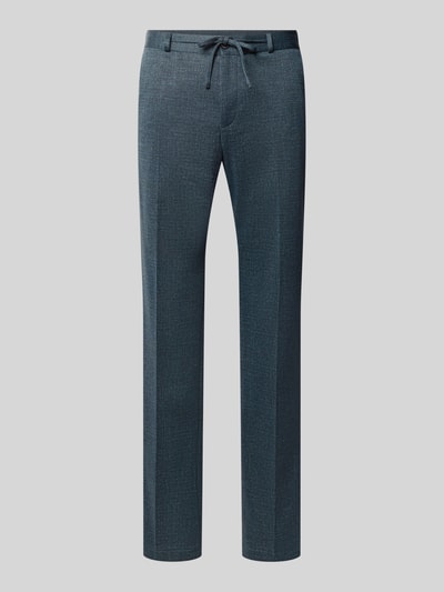 Produktfoto, Straight Fit Stoffhose mit Tunnelzug Modell 'Sparta' von Zuitable in Blau mit Bundfalten, Gürtelschlaufen, Eingriff- und Gesäßtaschen, strukturierte Materialoptik, Kontext: Bundweite bei Größe 50 beträgt 43 cm, Innenbeinlänge 82 cm.