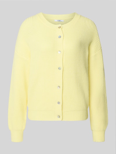Produktfoto, Regular Fit Strickjacke aus Viskose-Mix Modell 'LENI' von VILLA SOPHIE, Optik: Unifarben, gestrickte Textur, gelb, Langarm, Knopfleiste, Rundhals, Label-Applikation.