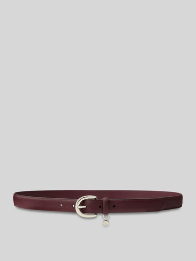 Produktfoto, Gürtel mit Logo-Detail von Lauren Ralph Lauren, bordeauxfarbenes Leder, silberne Schnalle, glatte Oberfläche, Damen Gürtel