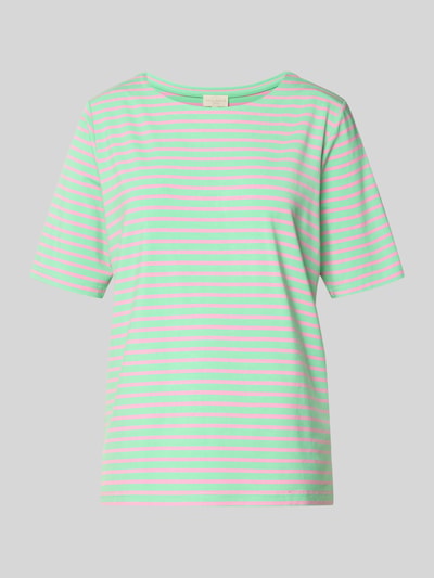 Produktfoto, Relaxed Fit T-Shirt aus Viskose-Mix von Milano Italy, Damen T-Shirt mit Rundhalsausschnitt, Kurzärmelig, Streifenmuster, Rückenlänge 61 cm bei Größe S, Elastischer Viskose-Mix, grüne und rosa Streifen, glatte Textur