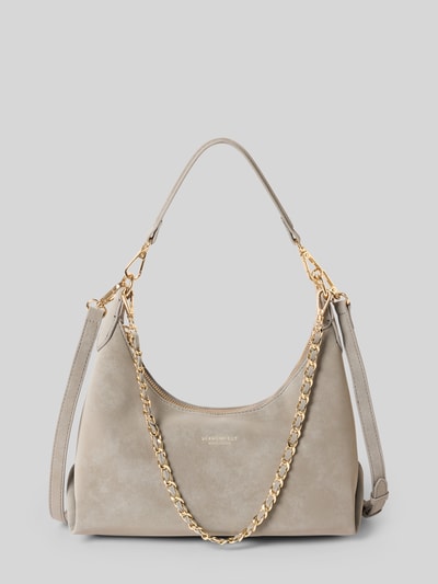 Produktfoto, Shoulder Bag in Leder-Optik Modell 'Rena' von Seidenfelt in hellem Beige mit goldfarbener Kette, Logo-Detail, Reißverschluss, 28x24x10 cm, abnehmbare Schulterriemen, Länge 58 cm.