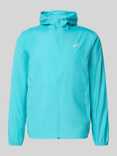 Produktfoto, Windbreaker mit Logo-Print und Kapuze von ASICS in Hellblau, gerader Schnitt, Reißverschluss, strukturierte Oberfläche