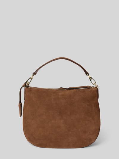 Produktfoto, braune Schultertasche mit Tragehenkel, Modell 'JUNA' von Abro aus Veloursleder, sichtbares Hauptfach mit Reißverschluss, goldfarbene Details