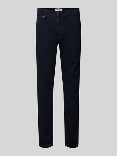 Produktfoto, dunkelblaue Straight Fit Jeans im 5-Pocket-Design Modell 'Greensboro' von Wrangler aus Baumwoll-Mix mit Stretch-Anteil.