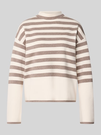 Produktfoto, Relaxed Fit Pullover aus Viskose-Mix von Christian Berg Woman mit braun-beigem Streifenmuster, Stehkragen, überschnittenen Schultern, Damen Pullover, strukturierte Textur, Rückenlänge 61 cm, Ärmellänge 60 cm