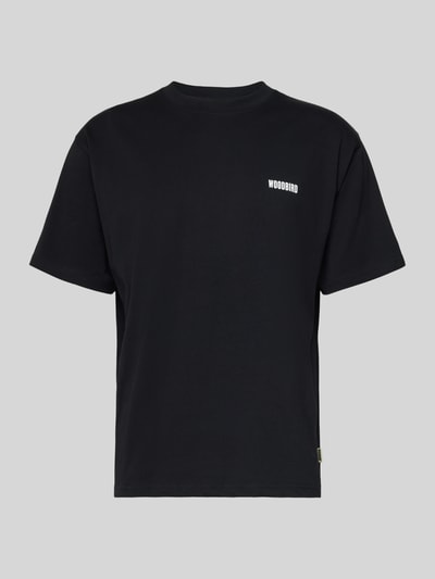 Produktfoto, czarny Męski t-shirt z bawełny, krój regular fit, nadruk z logo, model 'Baine' od Woodbird, długość tyłu 67 cm w rozmiarze M