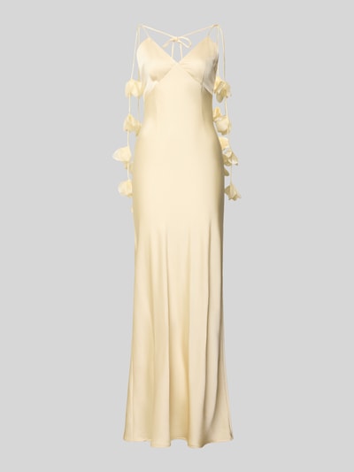 Produktfoto, Maxikleid aus Satin Modell 'Colly' von Neo Noir in Hellgelb mit floralen Besätzen, körpernahe Passform, Spaghetti-Träger