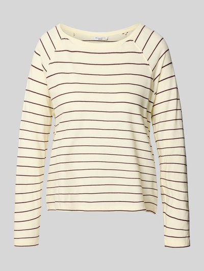Produktfoto, Regular Fit Langarmshirt aus reiner Baumwolle von Marc O'Polo, Damen Langarmshirt, cremefarben mit dünnen braunen Streifen, glatte Struktur