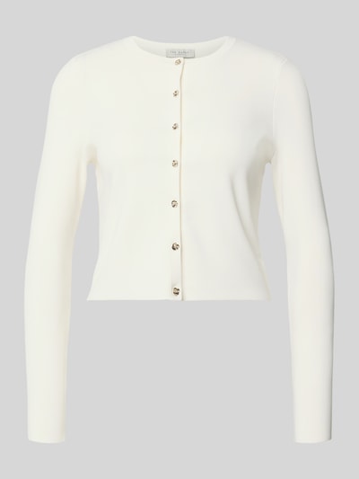 Produktfoto, Slim Fit Cardigan aus Viskose-Mix Modell 'Velda' von Ted Baker w kolorze kremowym, imitacja dzianiny, z długim rękawem, okrągły dekolt, listwa guzikowa, długość tyłu w rozmiarze 36: 47 cm, długość rękawów w rozmiarze 36: 63 cm