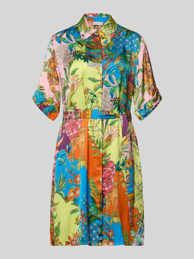 Produktfoto, Knielanges Hemdblusenkleid aus Viskose mit Bindegürtel von Liu Jo White, bunte Farben, taillierter Schnitt, Hemdblusenkragen, verdeckte Knopfleiste, Ärmel mit Aufschlag, florale und tierische Muster, glatte Textur