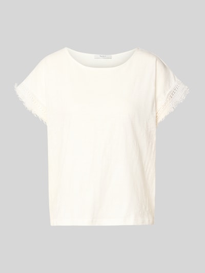 Produktfoto, Damen T-Shirt Regular Fit T-Shirt aus reiner Baumwolle Modell 'NAIN' von Pepe Jeans, Optik: Unifarben, Jersey, Label-Stitching-Applikation, U-Boot-Ausschnitt, Kurzarm mit Fransen, Materialverarbeitung: Jersey
