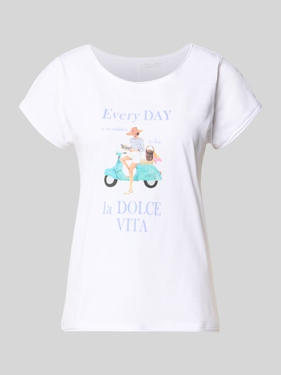 Produktfoto, weißes T-Shirt aus reiner Baumwolle von Christian Berg Woman mit Rundhalsausschnitt, Rollsaum und geradem Schnitt, Frontprint