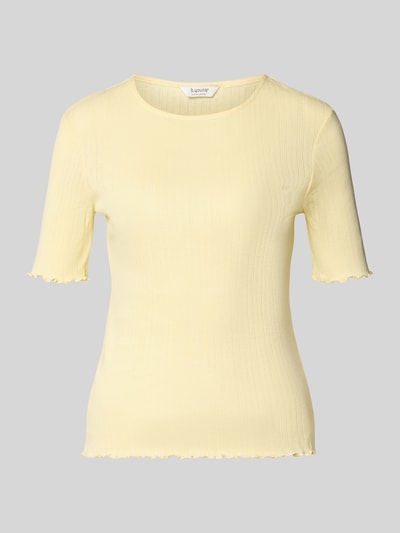 Produktfoto, cremegelbes T-Shirt mit Wellensaum, Rundhalsausschnitt, schlanker Passform, Ripp-Optik, reiner Baumwolle, T-Shirt mit Wellensaum und Rundhalsausschnitt Modell 'UNICA' von b.young, Damenmode.