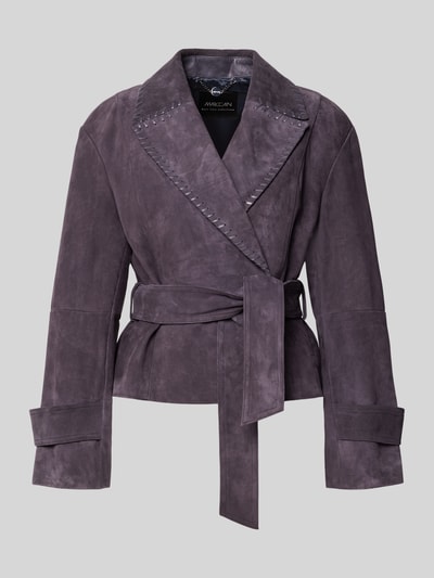 Produktfoto, Lederjacke mit Bindegürtel van Marc Cain in paars echt leer met taillering, reverskraag en ceintuur, gladde textuur