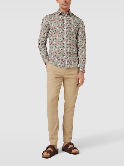 Lindbergh Slim fit vrijetijdsoverhemd met all-over motief Olijfgroen - 1