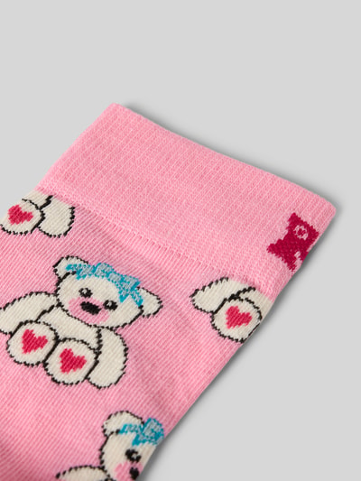 Produktfoto, Socken aus Baumwoll-Mix Modell 'TEDDY' von Happy Socks, rosa mit buntem Bärchenmuster, feines Rippenbündchen, Label-Detail