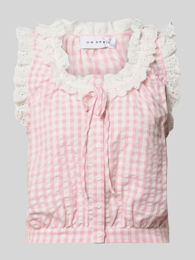 Produktfoto, Cropped Blusentop mit Rüschen Modell 'Sona' von OH APRIL aus Reine Baumwolle in Rosa-Weiß-Karo mit Schnürung, Rückenlänge 45 cm Größe S