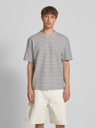 Redefined Rebel T-shirt met geribde ronde hals, model 'APOLLO' Marineblauw - 4