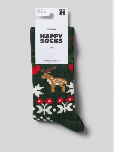 Produktfoto, Socken mit Label-Print Modell 'Reindeer Love' von Happy Socks, grün mit roten und weißen Motiv-Prints, Damen Socken, elastisches Rippbündchen, strukturierte Baumwollmischung