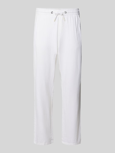 Produktfoto, białe spodnie Wide Fit Leinenhose mit Viskose-Anteil Modell 'Malvin' od Blend, mieszanka lnu i wiskozy, elastyczny pas z tunelzugiem, kieszeń z tyłu, szerokość w rozmiarze M: 38 cm, długość wewnętrzna nogawki w rozmiarze M: 76 cm
