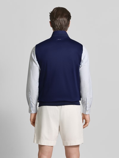 Mężczyzna model nosi Regular Fit Troyer bez rękawów model 'NEW LUX' od Polo Ralph Lauren w kolorze granatowym, krój regular fit, wzór w paski, z krótkim zamkiem i żebrowanym dołem, z aplikacją logo, materiał jersey, widok całej sylwetki z tyłu.