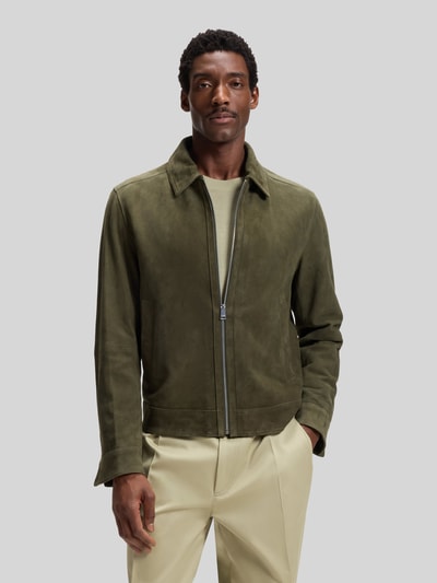 BOSS Regular Fit Lederjacke aus echtem Ziegelvelours Oliv 4