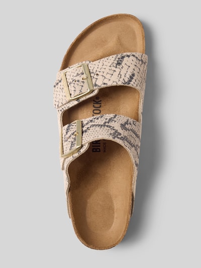 Produktfoto, Hausschuhe aus echtem Leder Modell 'Arizona' von Birkenstock, Damen, beige-graues Muster, offene Ferse, 3 cm Absatz, abgerundete Passform