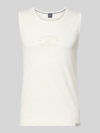 Produktfoto, weißes Tanktop mit Statement-Print und Rundhalsausschnitt von Lerros aus Reine Baumwolle im Regular-Fit, Label-Patch, Rückenlänge Größe M 67 cm