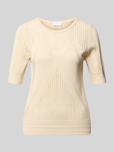 Produktfoto, Regular Fit T-Shirt in Strick-Optik von Jake*s Collection, cremefarben, Baumwoll-Modal-Mix, Rundhalsausschnitt, Halbarm, feine Strick-Textur, Rückenlänge 55 cm, Ärmellänge 29 cm, Damen T-Shirt
