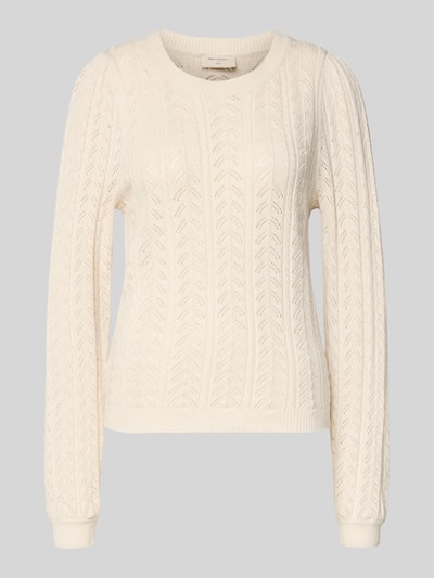 Produktfoto, Strickpullover mit gerippten Abschlüssen Modell 'Clarry' von FREE/QUENT, kremowy, krój slim fit, mieszanka wiskozy, okrągły dekolt, faktura z ażurowym wzorem