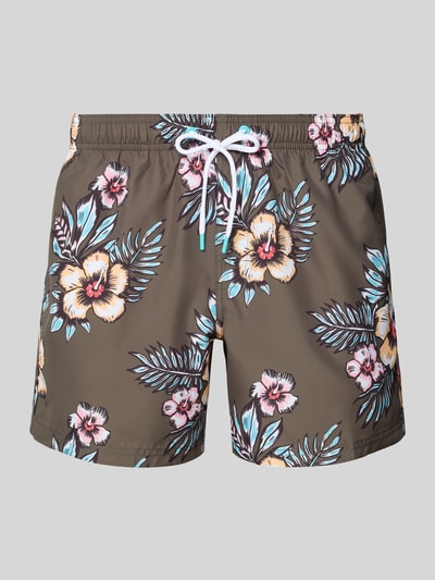Produktfoto, Badehose mit Gesäßtasche und Label-Patch von Sundek mit Loose Fit, elastischem Bund, Kordelzug, Eingrifftaschen, florales Muster.