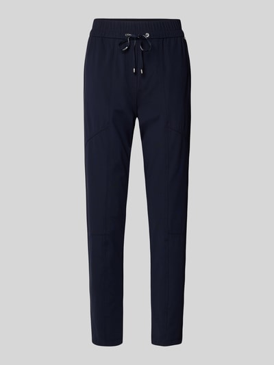 Produktfoto, Slim Fit Stoffhose mit Reißverschlusstaschen von Marc Cain in Dunkelblau, elastischer Bund, Tunnelzug, glatte Textur, Vorderansicht