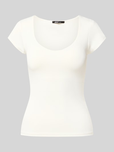 Produktfoto, T-Shirt mit integriertem BH von Gina Tricot, Damen T-Shirt aus Material-Mix mit Stretch-Anteil, Slim Fit, weiß, Rundhalsausschnitt, Rückenlänge 52 cm bei Größe S.