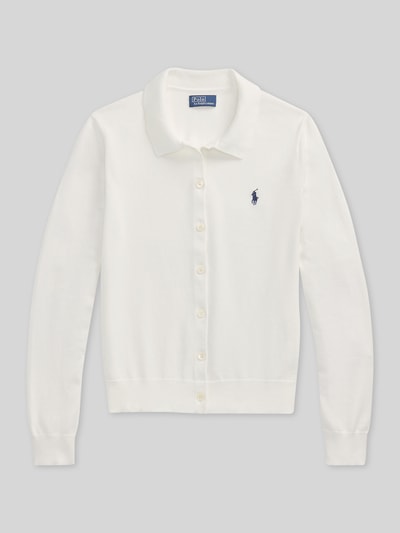 Produktfoto, Slim Fit Strickjacke aus Baumwoll-Mix von Polo Ralph Lauren, jednolity kremowy kolor, krój slim fit, drobny dzianinowy splot, haftowane logo, długi rękaw, zapinana na guziki, kołnierz koszulowy, mankiety i dół prążkowane, damska