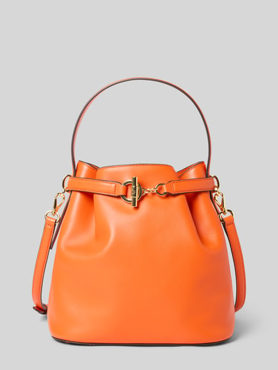 Produktfoto, Bucket bag aus echt rundleer von Lauren Ralph Lauren, oranje kleur, siergesp, afneembare schouderband, hoofvak met binnenvak met ritssluiting, breedte 24 cm, lengte 24 cm, diepte 14 cm, schouderbandlengte 117 cm.