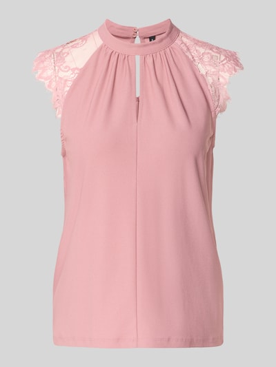 Produktfoto, Regular Fit Kurzarmbluse mit semitransparenter Besatz Modell 'MILLA' von VERO MODA, rosa Farbton, Spitzen-Details, Damen Kurzarmbluse