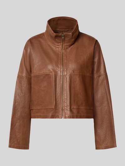 Productfoto, bruine leren jas met rits, rechte pasvorm, opstaande kraag en grote zakken, Lederjacke mit Reißverschluss Modell 'ELSTOW' van DRYKORN, echt leer, relaxed fit