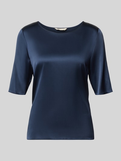 Produktfoto, donkerblauwe blouse met korte mouwen uit zijdemix Relaxe Fit model 'ASTI' van MM by Max Mara, gladde textuur