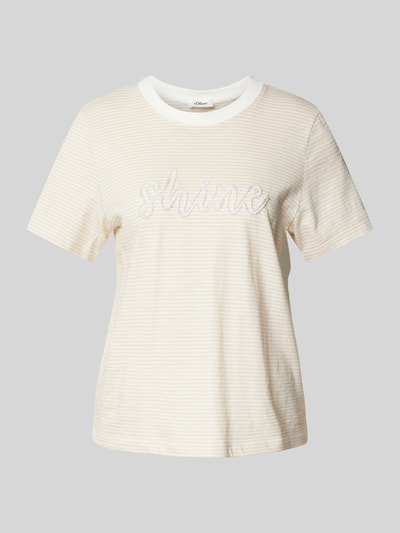 s.Oliver RED LABEL Regular Fit T-Shirt aus reiner Baumwolle mit Schmuckperlen-Schriftzug Beige 2