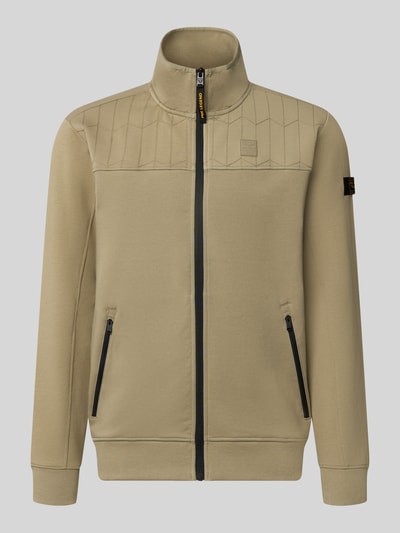 Produktfoto, Sweatjacke mit Label-Patches und Stehkragen von PME Legend in Beige, Baumwoll-Mix mit Stretch, Reißverschluss, seitliche Taschen, gerade Passform, gerippte Abschlüsse