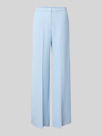 Produktfoto, hellblaue Stoffhose mit Bügelfalte von Rinascimento aus Material-Mix mit Stretch, Wide Leg Fit, glatte Textur, Studioaufnahme.