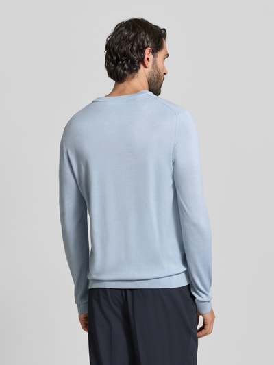 Männermodel trägt Regular Fit Pullover aus reiner Wolle Modell 'TRAY' von SELECTED HOMME in Hellblau, Feinstrick, Rückansicht, Ganzkörperansicht.