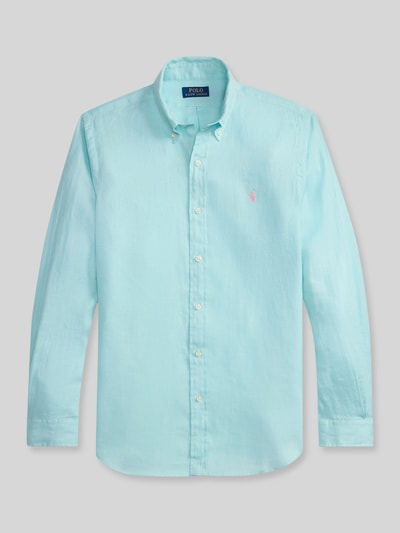 Productfoto, Regular Fit Freizeithemd aus reinem Leinen van Polo Ralph Lauren, lichtblauw, unicolor, flammétextuur, button-down kraag, lange mouw, logo-detail, afgeronde zoom.