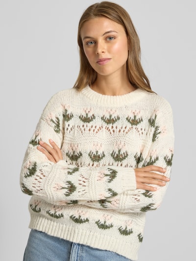 VERO MODA Regular Fit Strickpullover mit Lochstrickmuster Modell 'IDELLE' Offwhite 3